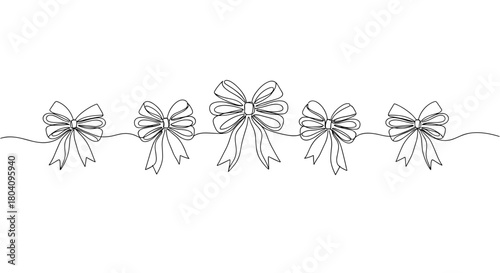 Decorative line of ribbon bows in minimal style on white background  