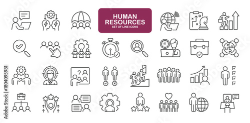 Set of line icons related to human resources, headhunting, recruitment, hiring, resume. Outline icons collection