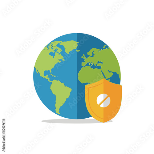 Globe protected by a shield icon on white background.