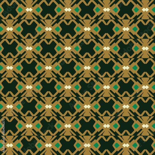 Vector seamless pattern with a golden abstract ornament on a dark green background. Art Deco design. Основные RGB