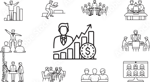 Business Growth and Teamwork Corporate Line Icons Set