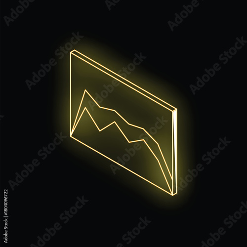 Neon yellow isometric chart showing decreasing trend on black background, concept of financial crisis and economic recession