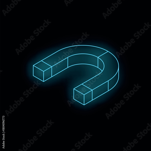 Glowing blue isometric magnet attracting on black background