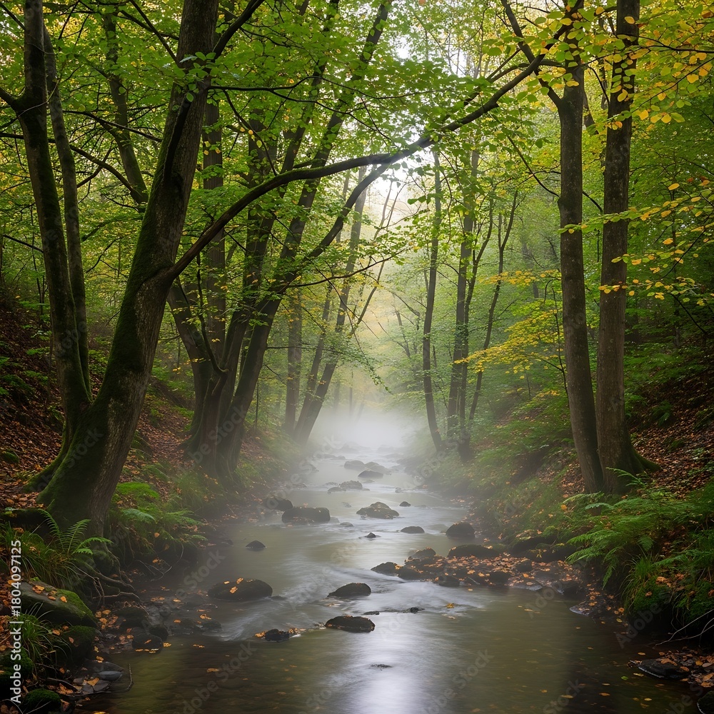 Fototapeta premium Misty Forest Stream Flowing Through Lush Green Woodland.