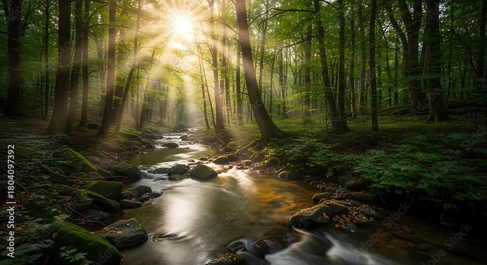 Obraz premium Sunlit Stream Through Forest - A Serene Natural Landscape.