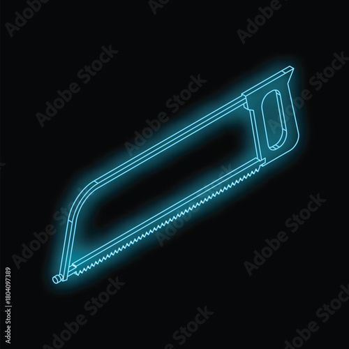 Glowing neon outline of a hacksaw isolated on a black background, creating a vibrant and futuristic visual