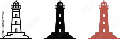 Vector illustration of city and restaurant cutlery near a tall white lighthouse beacon by the ocean