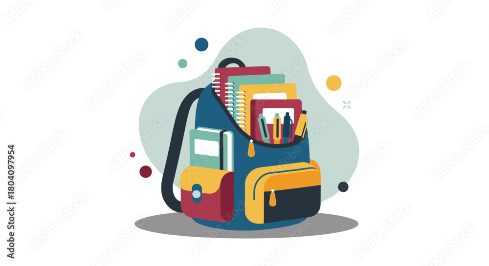 Fototapeta premium An illustrated backpack filled with school supplies, including books, notebooks, and pens, ready for the academic year and educational pursuits.
