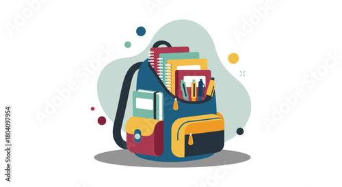 An illustrated backpack filled with school supplies, including books, notebooks, and pens, ready for the academic year and educational pursuits.