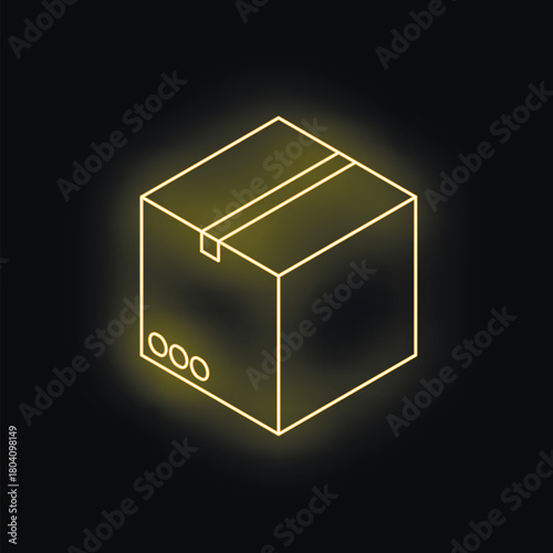 Neon yellow glowing closed cardboard box with packing tape and ventilation holes on a black background represents safe and reliable shipping and delivery