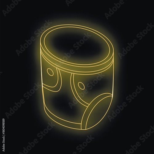Yellow neon glowing outline of a smart speaker on black background, representing smart home technology and voice activated assistants