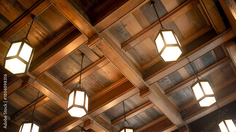 Obraz premium Elegant wooden ceiling with geometric lights in a restaurant interior