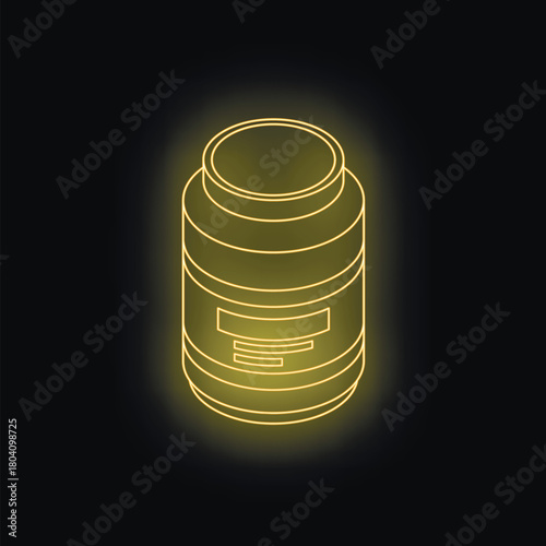 Neon yellow glowing medicine or supplement bottle with blank label on dark background