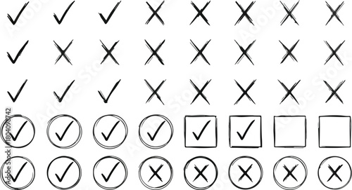 Check marks doodle set. Vote, yes, no, checkbox, checklist, tick and cross signs, v and x drawn concept. Hand drawn doodle sketch style vector illustration