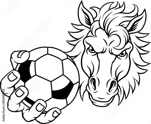 Horse mustang bronco stallion soccer football angry sports team mascot holding a ball.