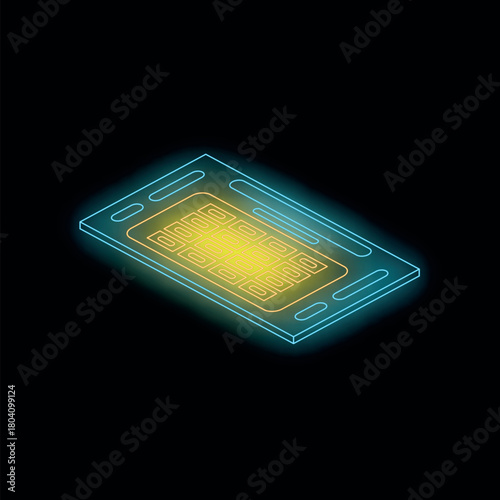 Glowing neon cpu microchip representing computing processing power in isometric view