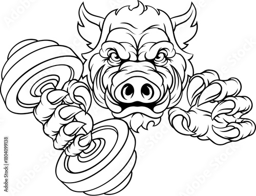 A wild boar, hog razorback warthog pig weight lifting trainer, exercise or body building gym cartoon sports mascot holding weights dumbbell
