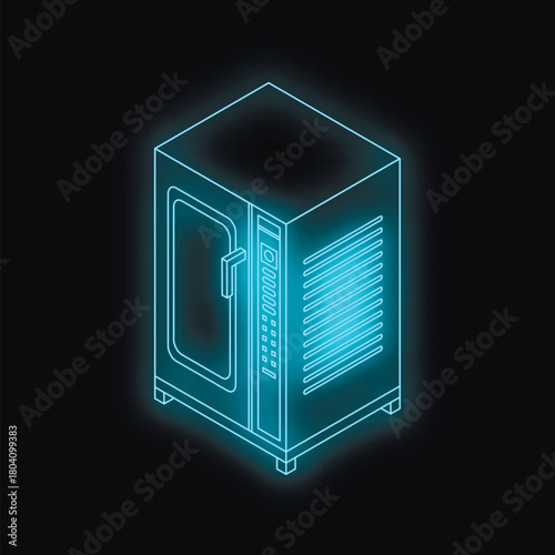 Glowing blue outline of professional convection oven represents cooking innovation and culinary technology