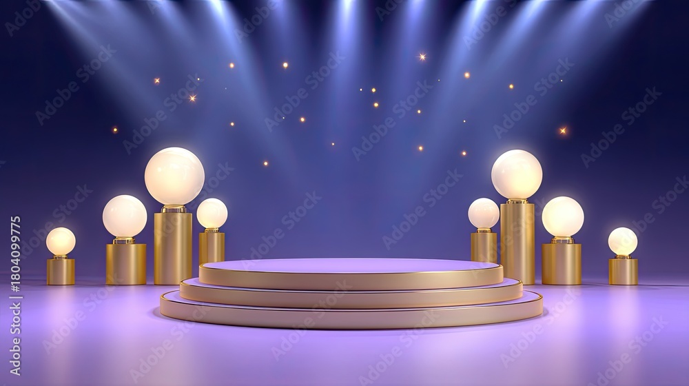 Obraz premium Elegant stage with glowing spheres under dramatic lights, perfect for presentations, awards ceremonies, or artistic showcases in a modern setting