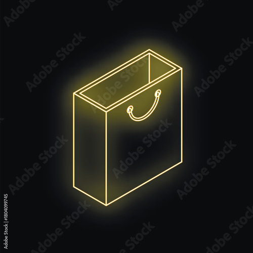 Isometric golden shopping bag glowing on black background, representing retail, commerce, and consumerism
