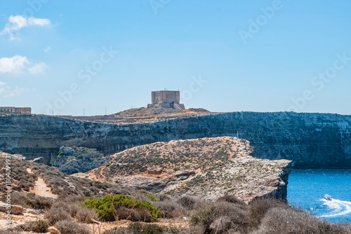 Saint Mary's Tower (the bastioned watchtower) on cliff top, Comino MALTA