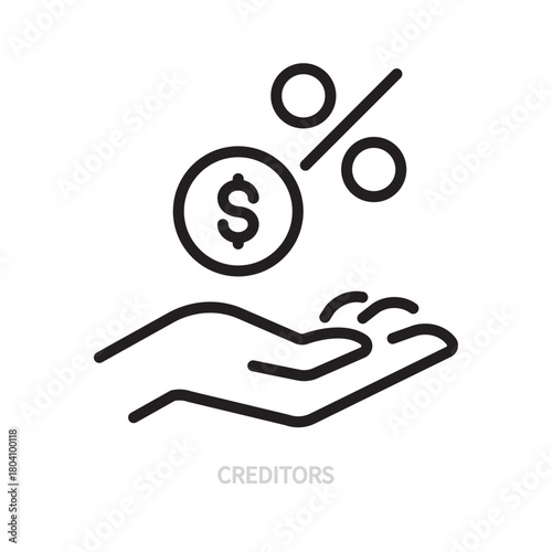 Creditors line icon. Black sign. Human hand symbol. Dollar coin and percent. Credit, bank, banking, money, finance, business concept.Vector illustration. Editable stroke.Isolated on a white background