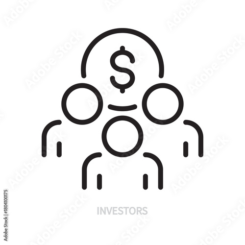Investors line icon. Black sign. Human silhouettes symbol. Dollar coin symbol. Investment, profit, business, money, finance concept. Vector illustration. Editable stroke.Isolated on a white background