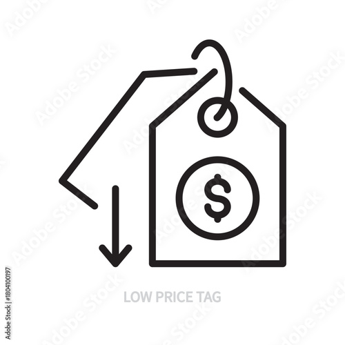 Low price tag line icon. Black sign. Dollar and down arrow symbol. Shopping, e-commerce, finance, economy, money, business concept. Vector illustration. Editable stroke.Isolated on a white background.