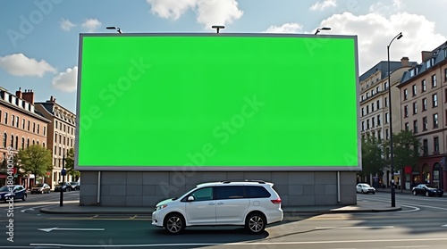 Commercial Display Mockup: Green Screen Billboard with Blurred Vehicles in the City