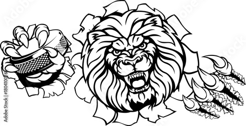 A lion ice hockey player cartoon sports mascot holding a hockey puck and tearing through background