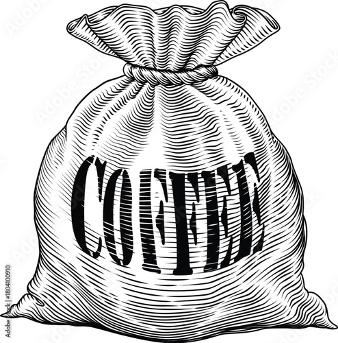 A sack or bag of coffee in a vintage woodcut style