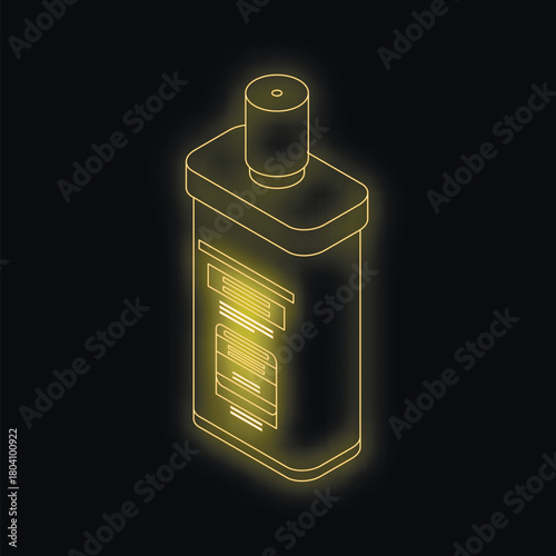 Isometric glowing yellow cosmetic bottle on black background