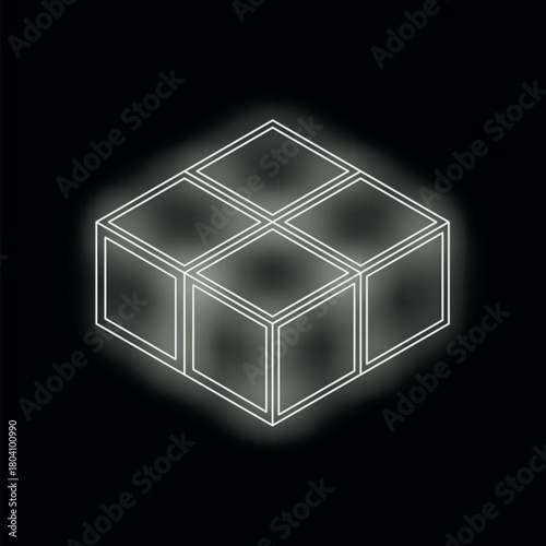 White glowing lines create a cube grid structure, forming a complex three dimensional shape against a dark background, ideal for technology and abstract concepts