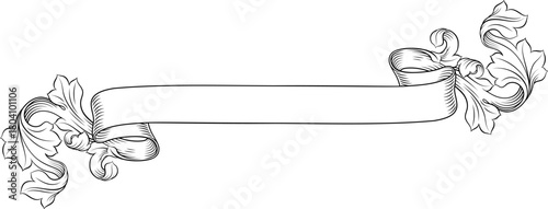 A scroll with filigree medieval crest coat of arms heraldic style pattern motif. In a vintage woodcut etching style.