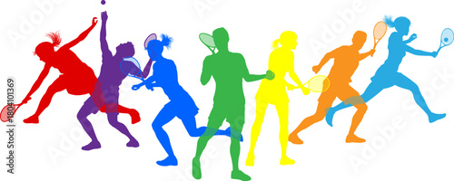Silhouette Tennis players set. Active sports people healthy players fitness silhouettes concept.