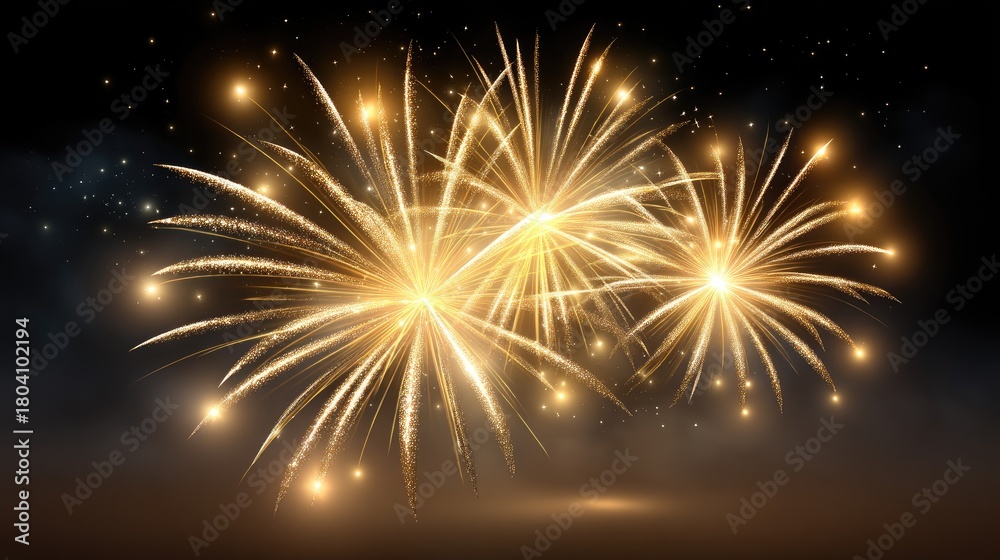 Naklejka premium Vibrant Golden Fireworks Display Exploding Against a Dark Sky During Celebration Event with Bright Sparks and Glowing Lights