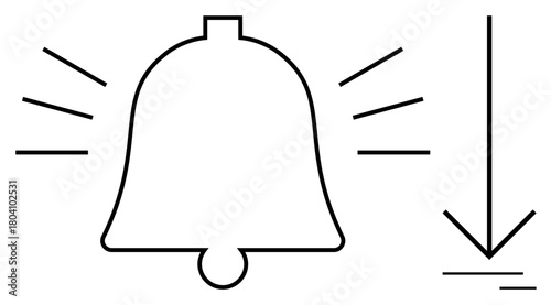 Bell emitting sound waves paired with a downward arrow indicating actions, updates, or reminders. Ideal for notifications, alerts, updates, downloads, reminders urgency and calls to action. Simple