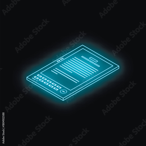 Neon blue isometric e reader showing text on dark background, representing future of reading technology