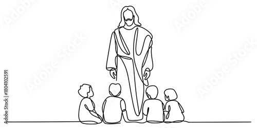 Continuous line drawing of jesus christ standing, teaching children who are sitting respectfully on the ground before him