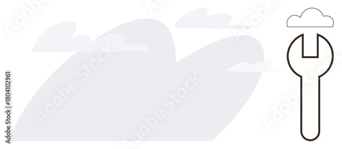 Clouds hover beside a wrench crowned with a cloud shape. Ideal for themes thumbs up innovation, technology, cloud computing, digital maintenance, problem-solving, modern solutions, future-thinking