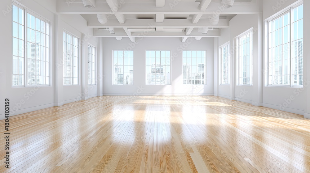 Obraz premium Spacious and Bright Empty Room with Large Windows Offering Natural Light in Modern Interior Design Setting