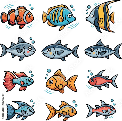Create Kinds of Cute fish vector illustration icons set. Tropical fish, sea fish, aquarium fish on white background.