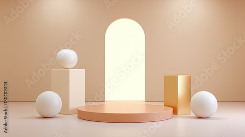 Fototapeta Naklejka Na Ścianę i Meble -  Minimalistic display background with geometric shapes and soft lighting, featuring columns, spheres, and an archway in a neutral color palette