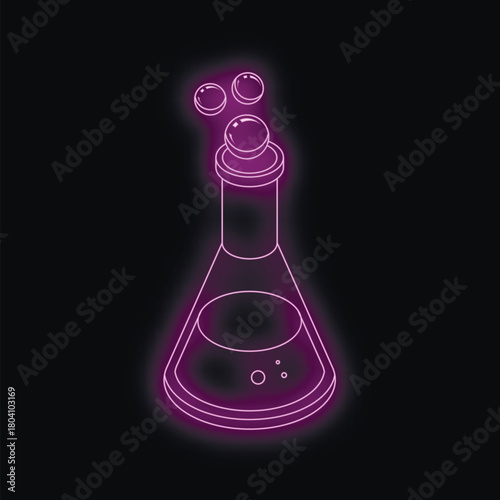 Glowing neon purple erlenmeyer flask with bubbling liquid symbolizes scientific discovery and laboratory research