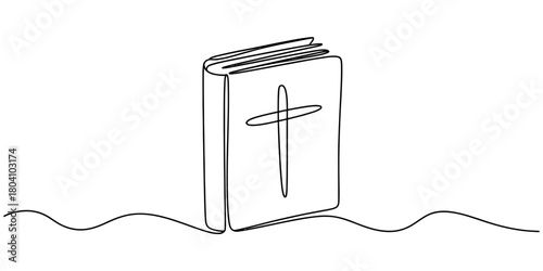 Continuous line art drawing of a standing bible with a cross on its cover, symbolizing faith, spirituality, and divine knowledge.