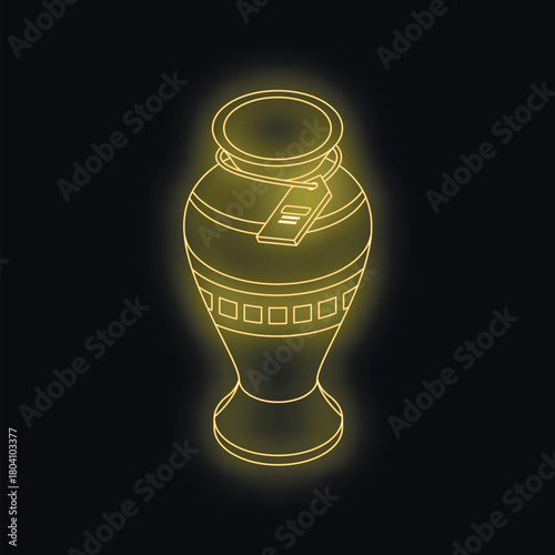 Neon yellow canopic jar glowing on a black background, featuring a label attached with string, evoking ancient egyptian funerary practices