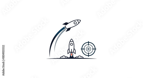 A dynamic illustration symbolizing business launch and rapid growth. It features a stylized rocket taking off with a trail, and a target icon representing goals. This concept is perfect for startups.