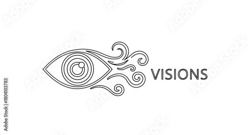This black and white line art logo features a stylized human eye with concentric circles forming the iris and pupil. Swirling, decorative lines emanate from the corner of the eye.