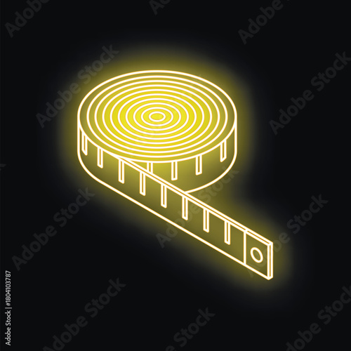 Glowing yellow neon measuring tape on a black background symbolizes precision in tailoring, design, or construction