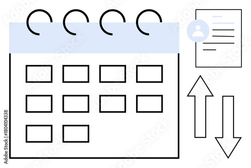 Calendar with grid layout, user profile, and document icons alongside up and down arrows. Ideal for organization, scheduling, project management, productivity, teamwork, data sharing progress